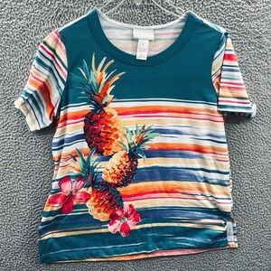 Womens Tropical Stripe Tee Top S Pineapple Graphic Casual Summer Resort Beach